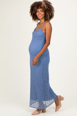 Blue Sleeveless Lace Square Neck Maternity Maxi Dress