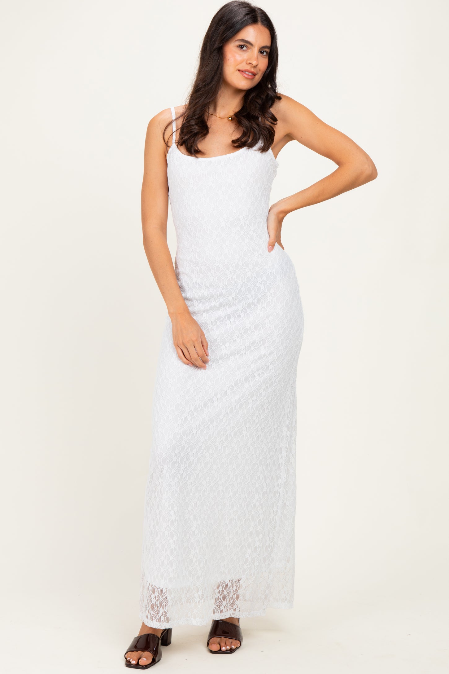 Ivory Sleeveless Lace Square Neck Maxi Dress
