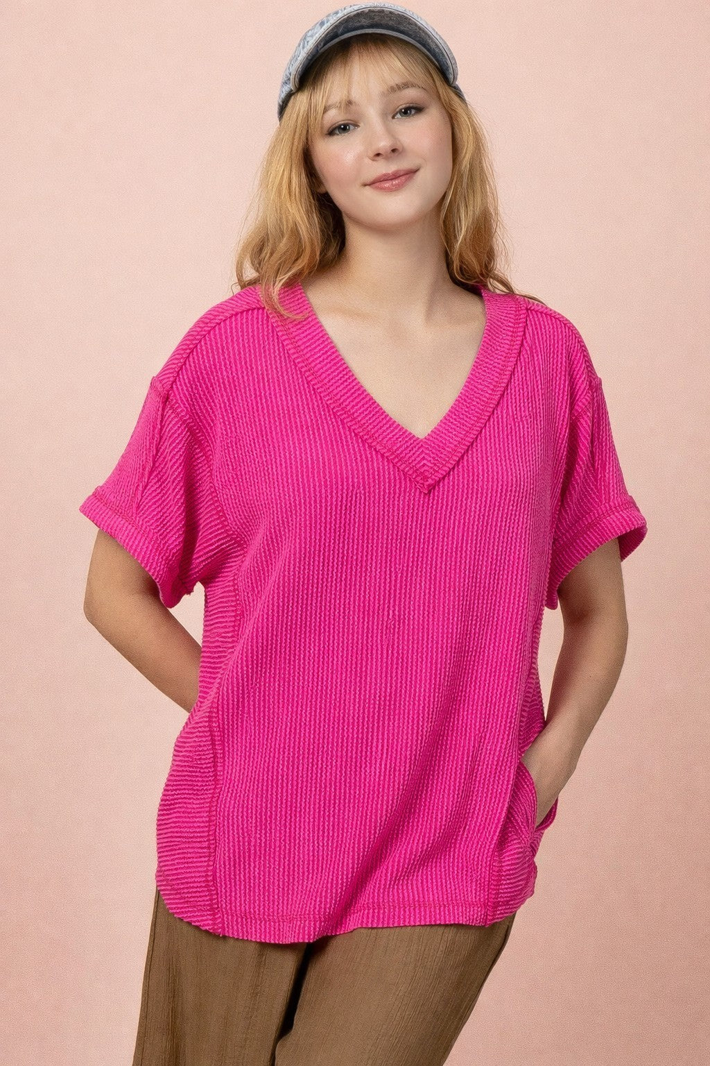 Fuchsia Ribbed Raw Hem Short Sleeve Top
