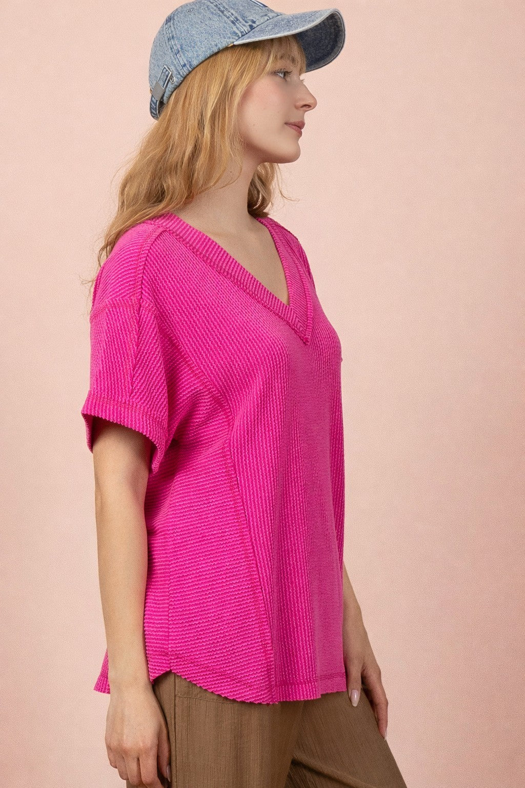 Fuchsia Ribbed Raw Hem Short Sleeve Top