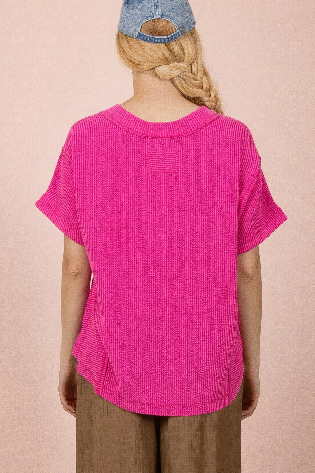 Fuchsia Ribbed Raw Hem Short Sleeve Top
