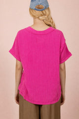 Fuchsia Ribbed Raw Hem Short Sleeve Top