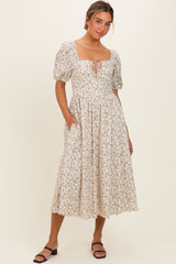 Cream Floral Puff Sleeve Maternity Midi Dress