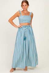 Blue Striped Smocked Crop Top Maxi Skirt Maternity Set
