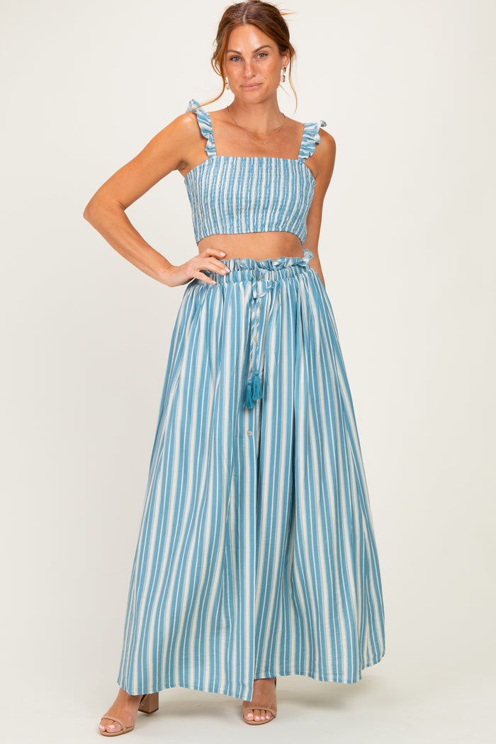 Blue Striped Smocked Crop Top Maxi Skirt Maternity Set