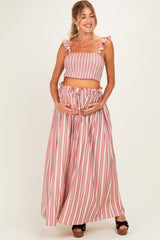 Rose Pink Striped Smocked Crop Top Maxi Skirt Maternity Set