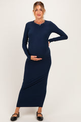 Navy Ribbed Fitted Long Sleeve Maternity Midi Dress
