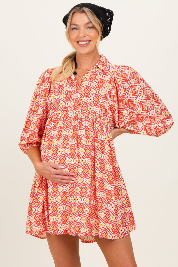 Red Print Collared Balloon Sleeve Maternity Dress