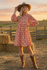 Red Print Collared Balloon Sleeve Dress