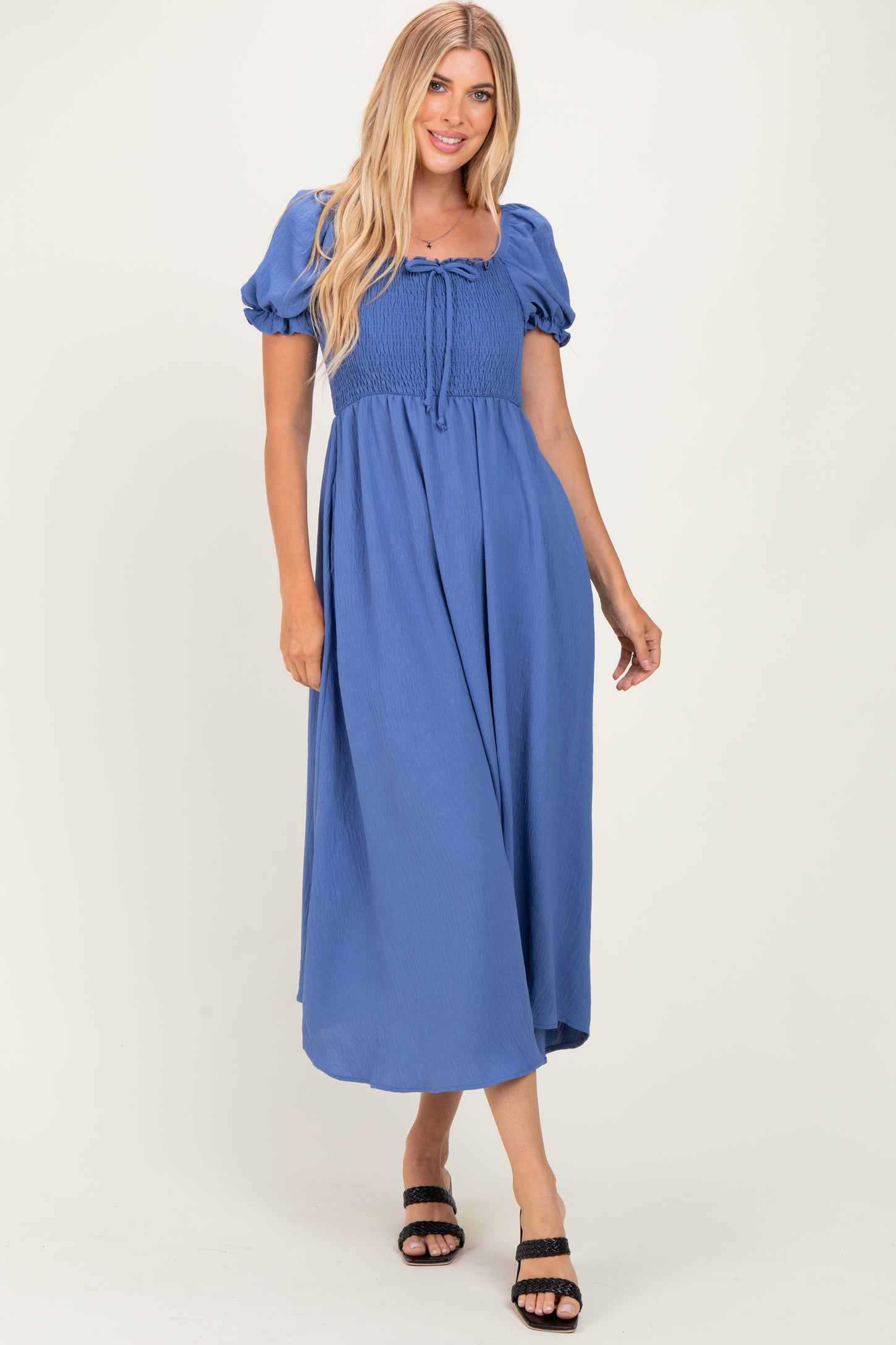 Blue Square Neck Puff Sleeve Maternity Midi Dress