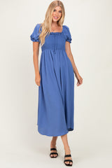 Blue Square Neck Puff Sleeve Maternity Midi Dress