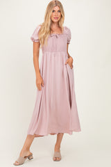 Mauve Square Neck Puff Sleeve Midi Dress