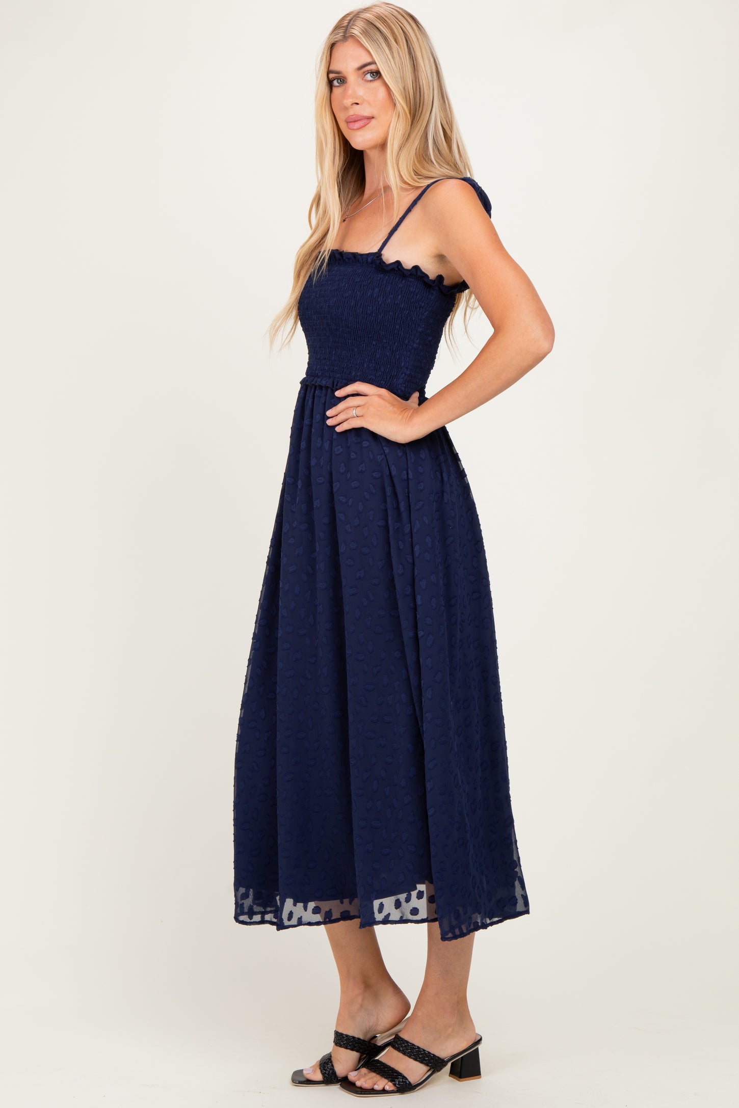 Navy Shoulder Tie Midi Dress