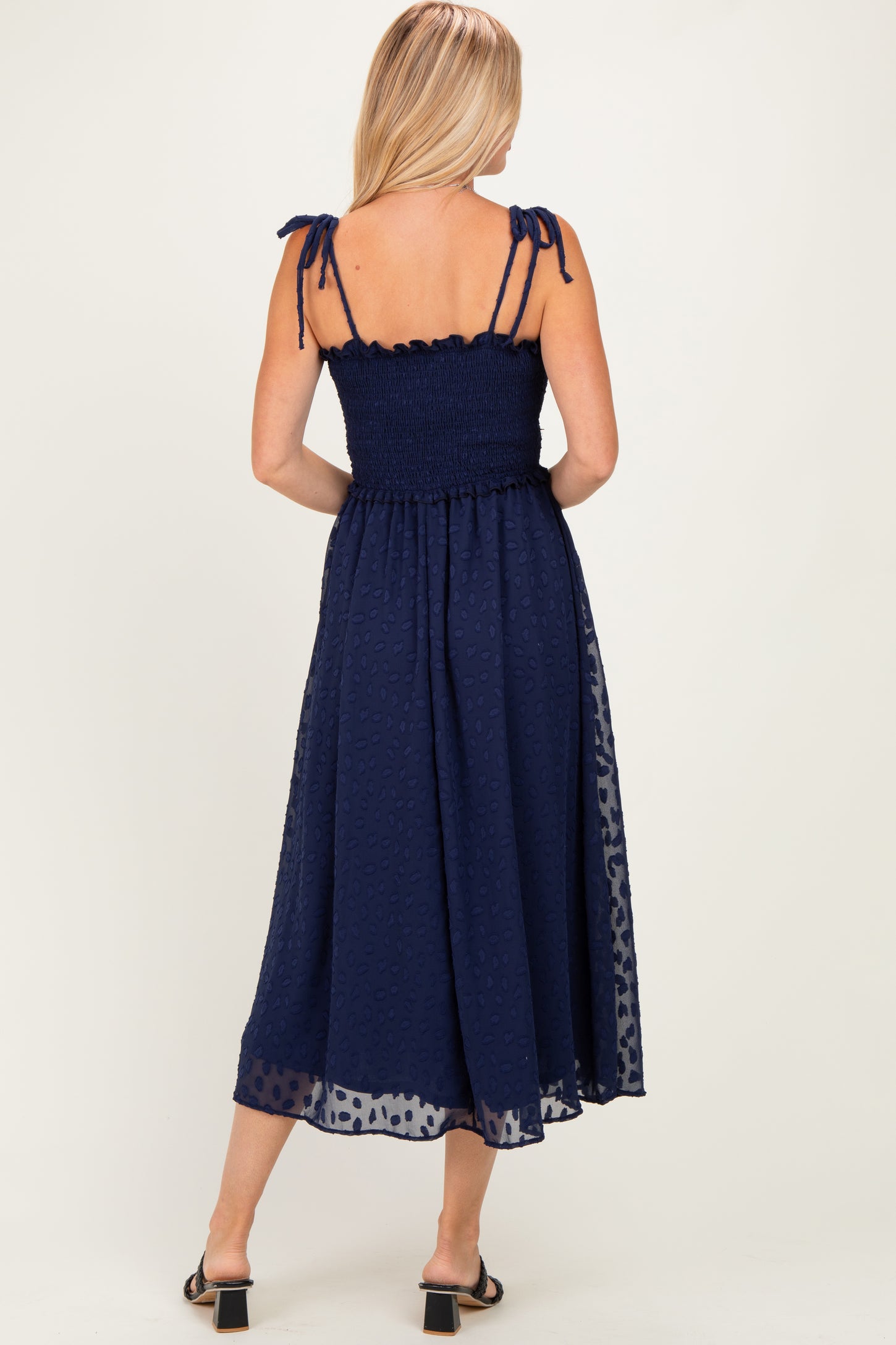 Navy Shoulder Tie Midi Dress