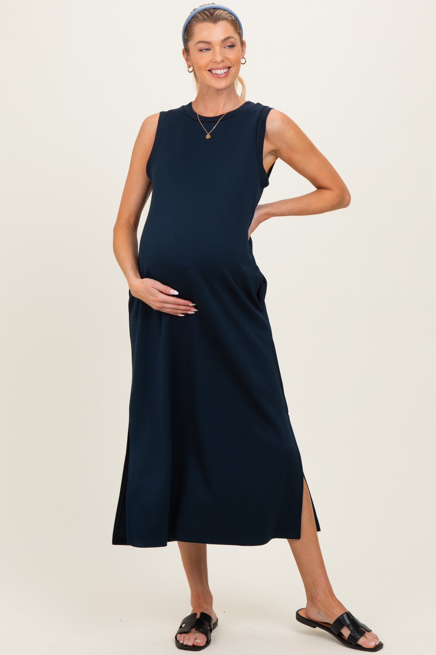 Navy Sleeveless Maternity Midi Dress