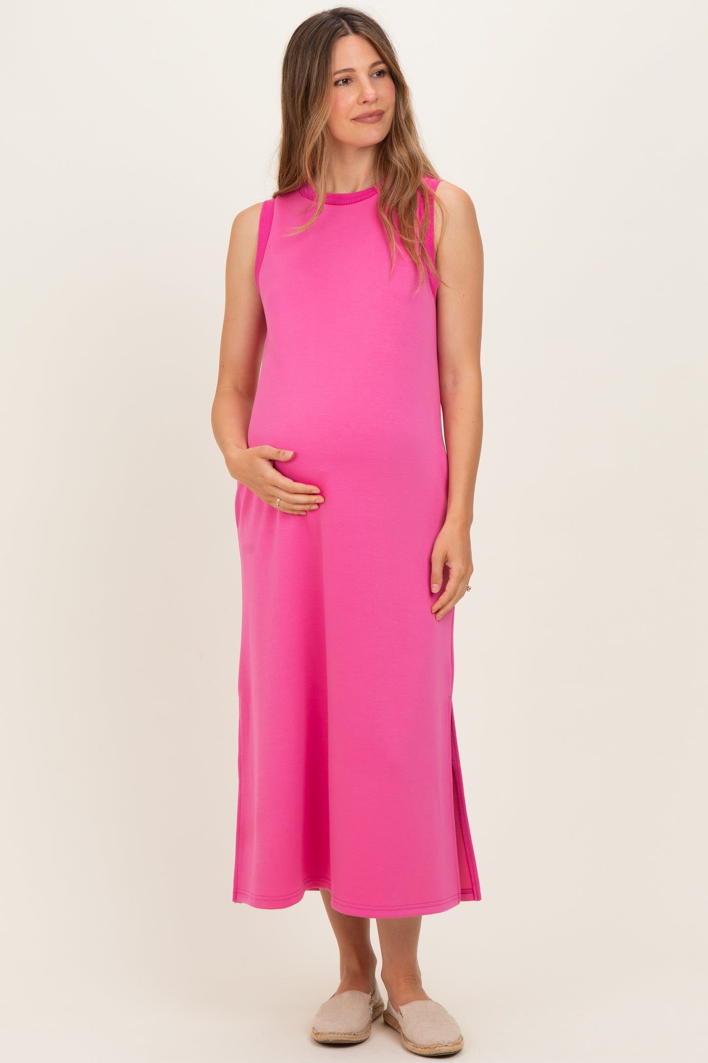 Fuchsia Sleeveless Maternity Midi Dress