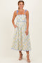 Blue Floral Scallop Accent Shoulder Tie Midi Dress