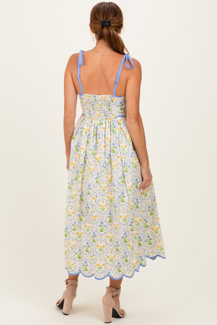 Blue Floral Scallop Accent Shoulder Tie Midi Dress