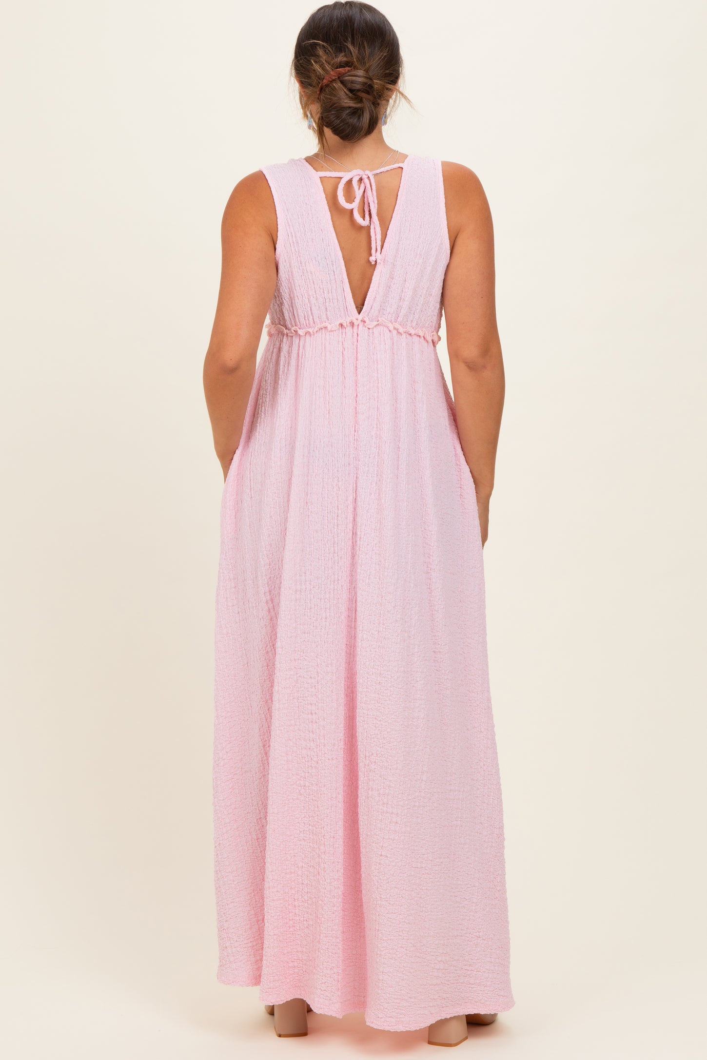 Light Pink Sleeveless Deep V-Neck Maternity Maxi Dress