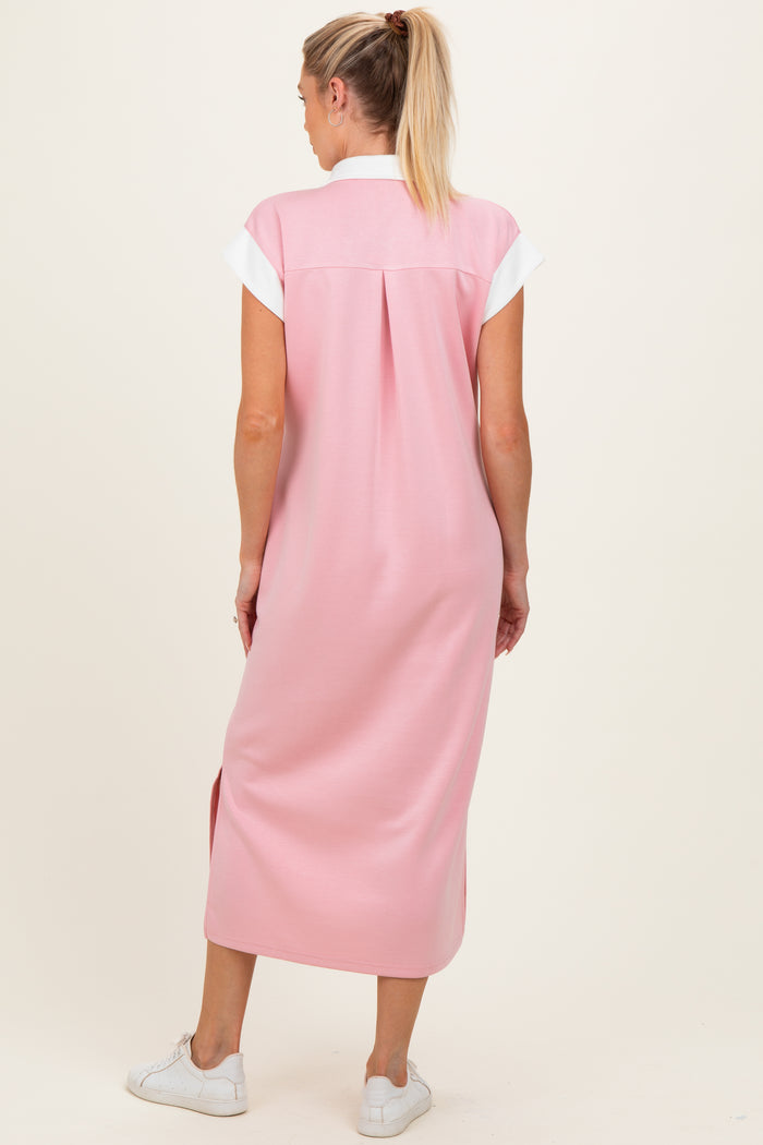 Pink Colorblock Polo Maternity Midi Dress