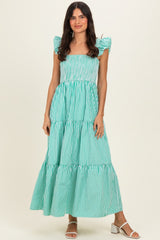 Green Striped Ruffle Strap Smocked Maxi Dress