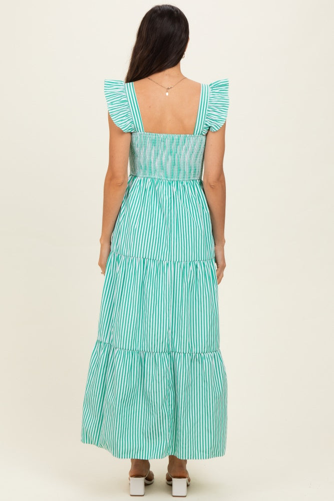 Green Striped Ruffle Strap Smocked Maxi Dress