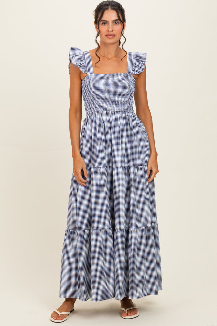 Navy Gingham Ruffle Strap Smocked Maternity Maxi Dress