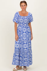 Royal Blue Printed Puff Sleeve Smocked Maxi Dress