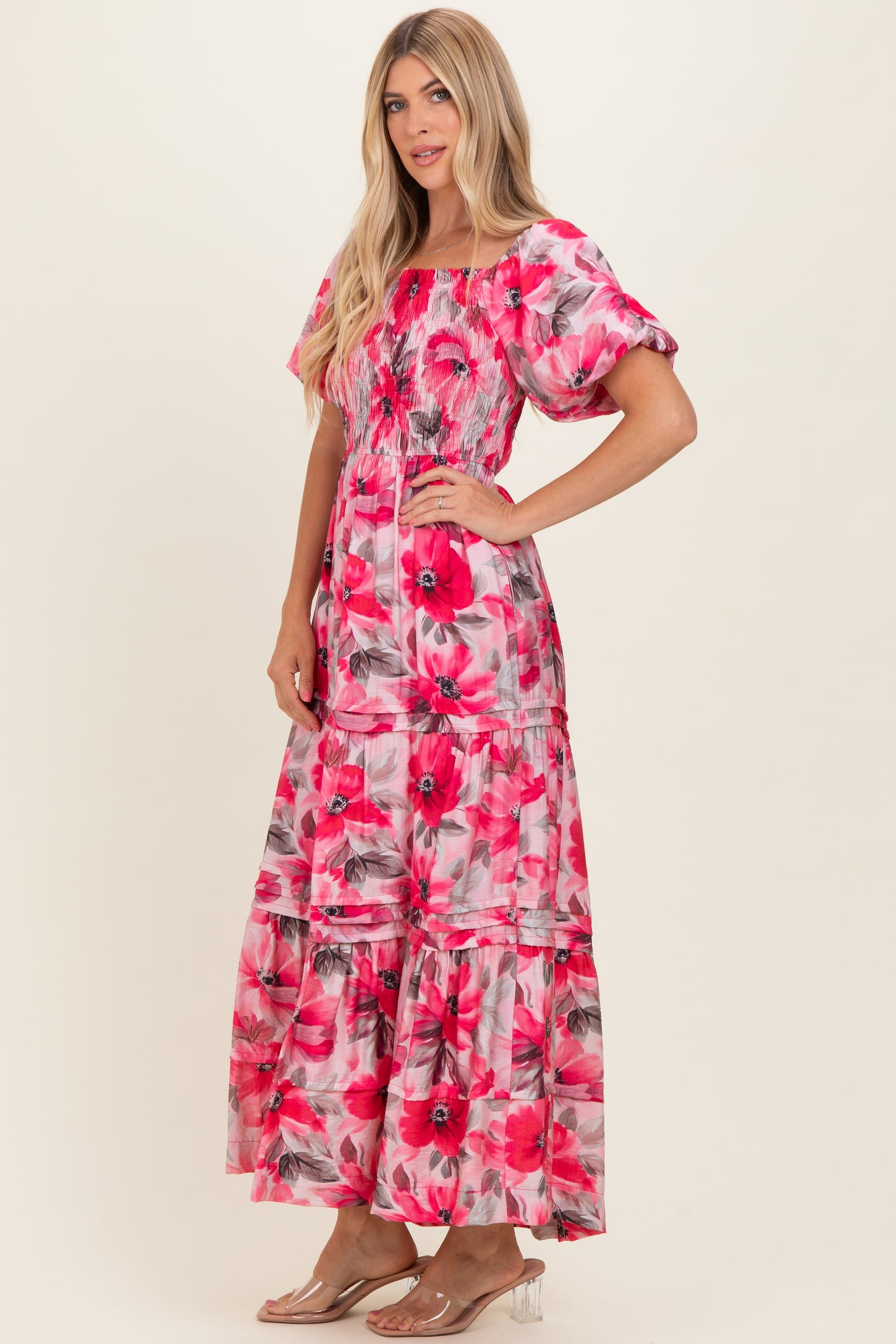 Fuchsia Floral Smocked Tiered Maxi Dress