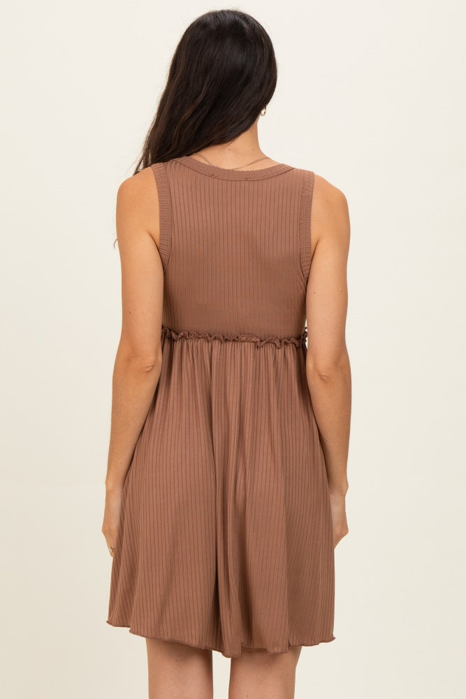 Mocha Ribbed Sleeveless Lettuce Trim Mini Dress