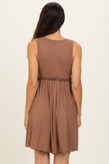 Mocha Ribbed Sleeveless Lettuce Trim Mini Dress