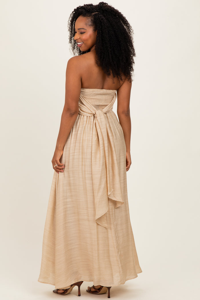 Beige Strapless Tie Back Maxi Dress