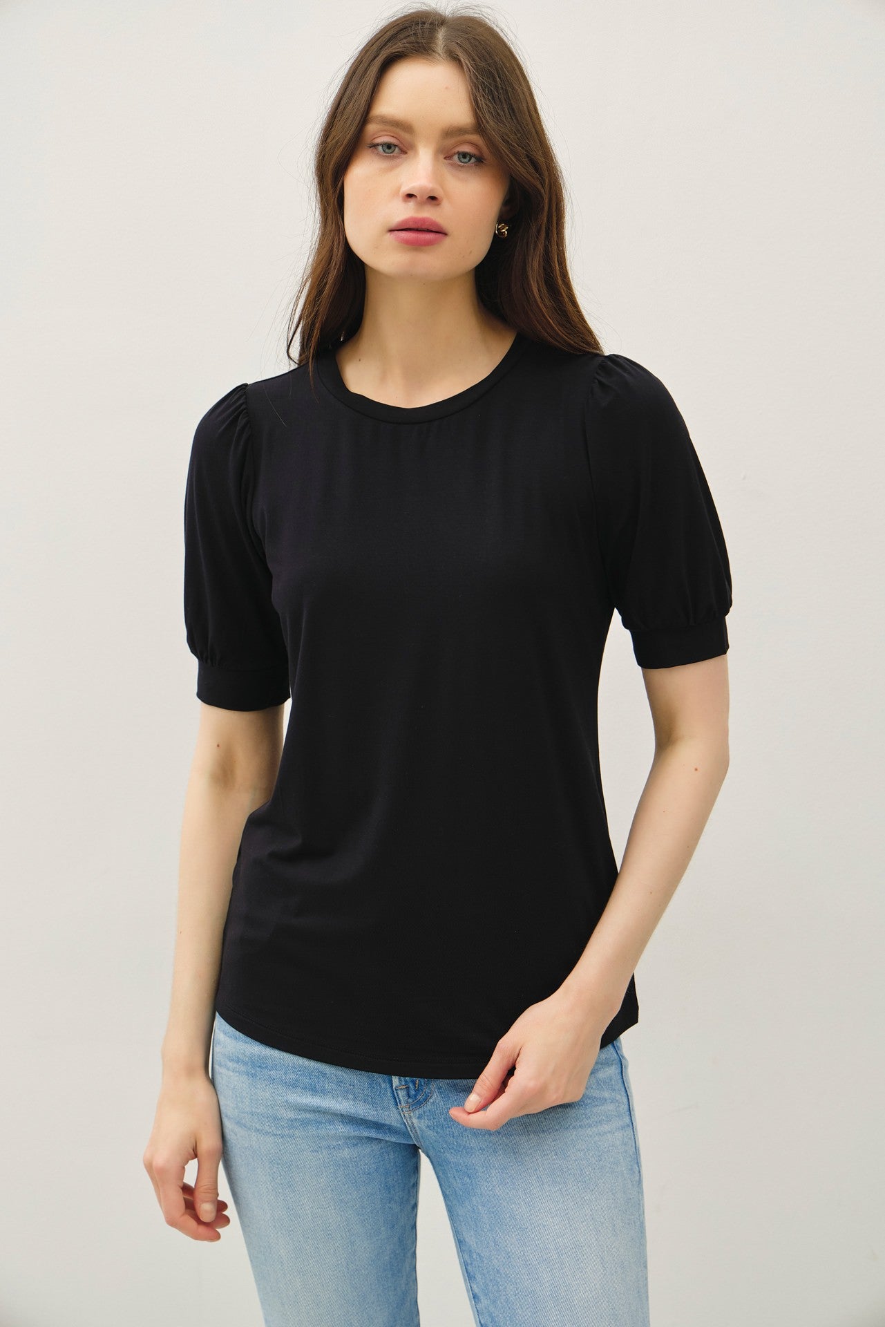 Black Puff Sleeve Basic Top