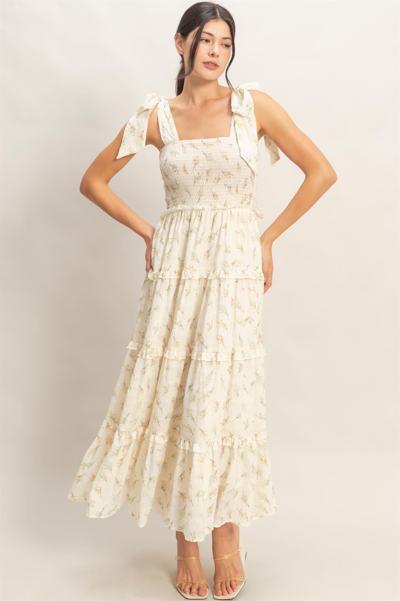 Yellow Floral Smocked Tiered Maxi Dress