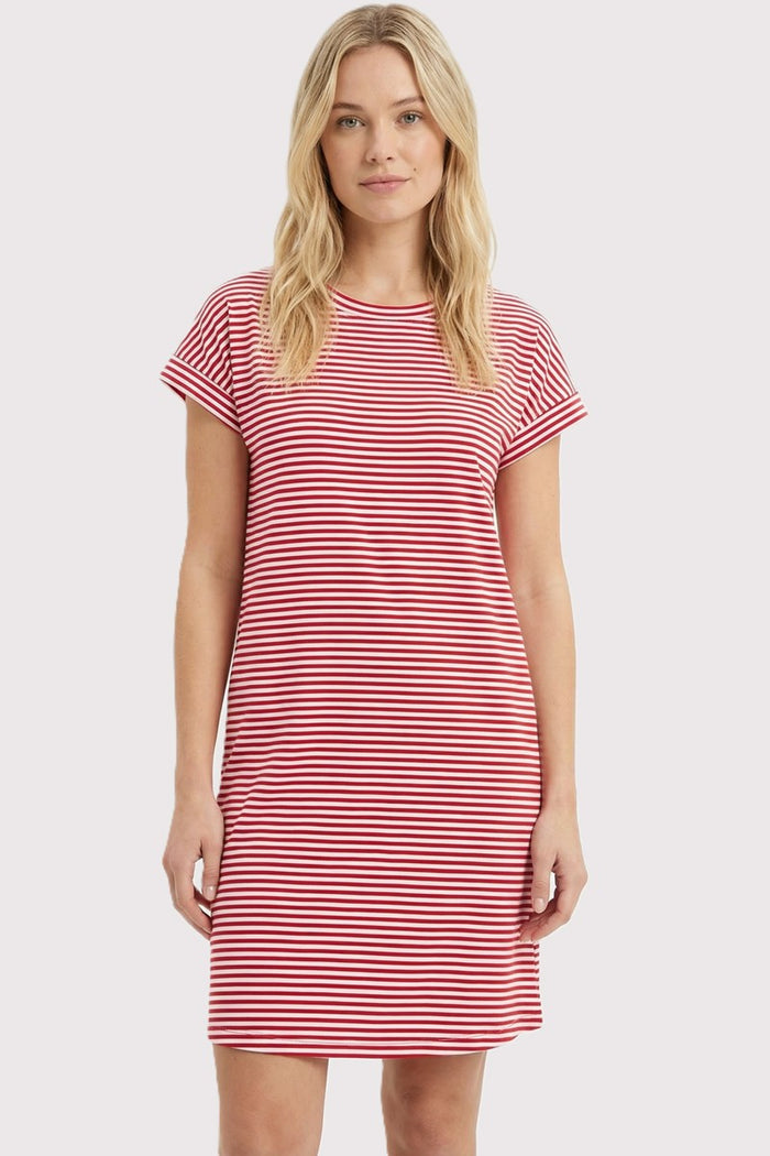 woman wearing a red and white striped t-shirt dress with short sleeves