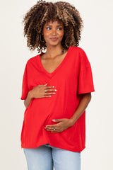 Red Washed V-Neck Oversized Maternity Tee