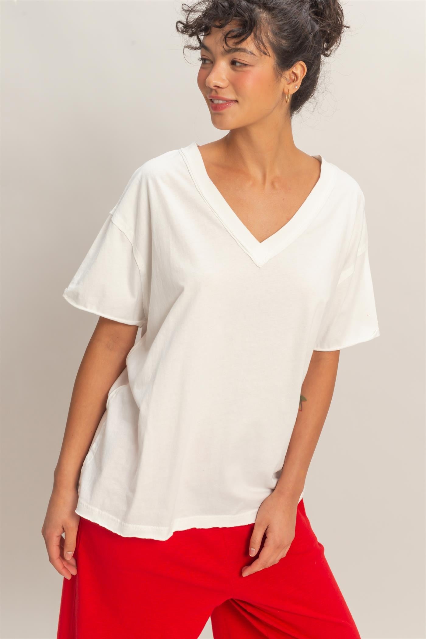 White Washed V-Neck Oversized Maternity Tee