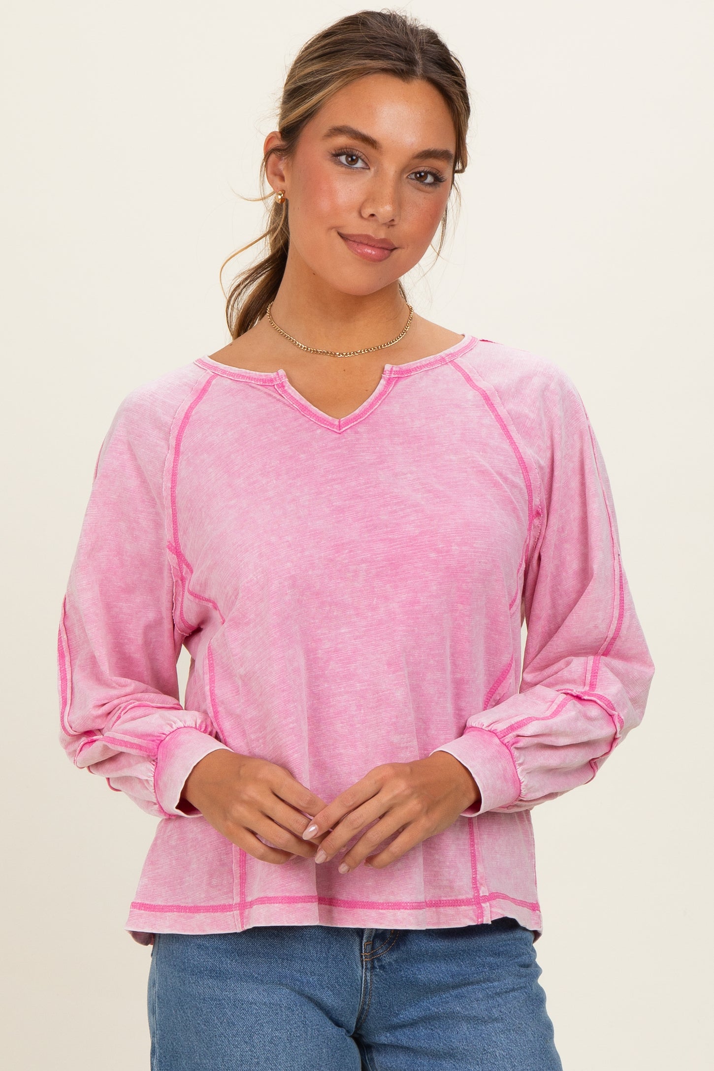 Bubble Pink Mineral Wash Exposed Seam Top