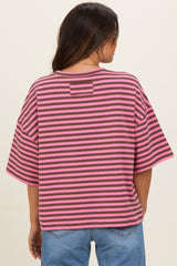 woman wearing a pink and gray striped maternity top with a loose fit and short sleeves, showing the back view