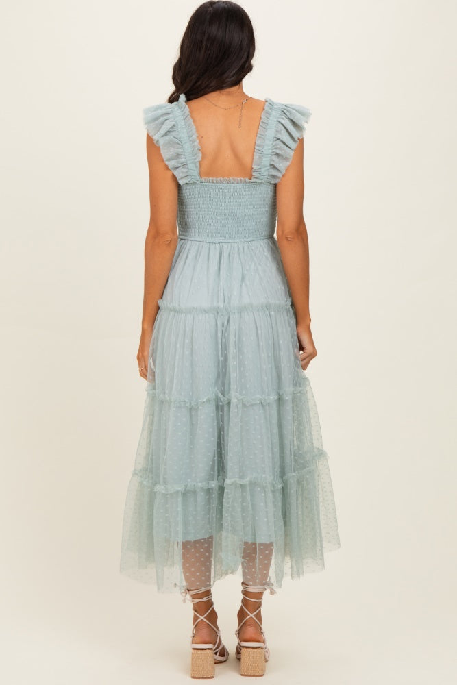 Sage Smocked Polka Dot Tulle Midi Dress