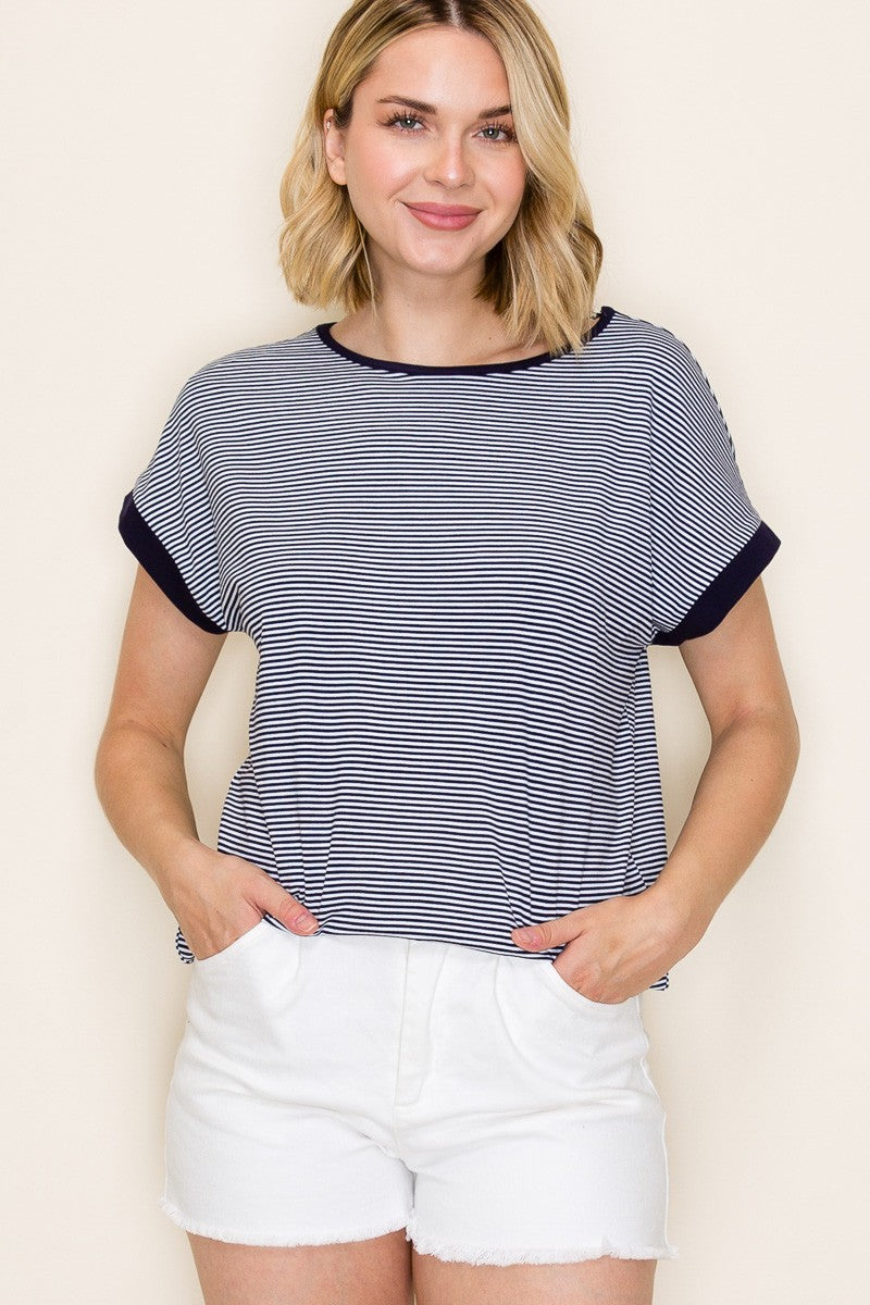 Navy Pinstripe Contrast Trim Top