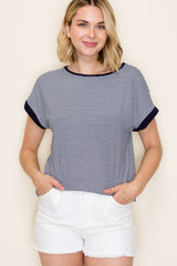 Navy Pinstripe Contrast Trim Top