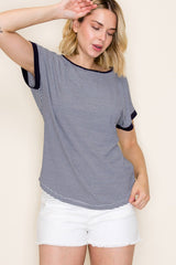Navy Pinstripe Contrast Trim Top