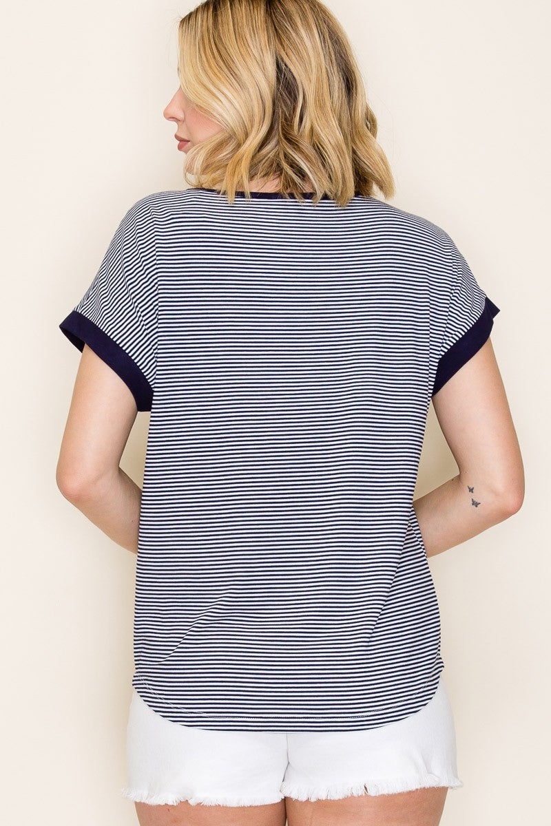 Navy Pinstripe Contrast Trim Top
