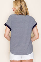 Navy Pinstripe Contrast Trim Top