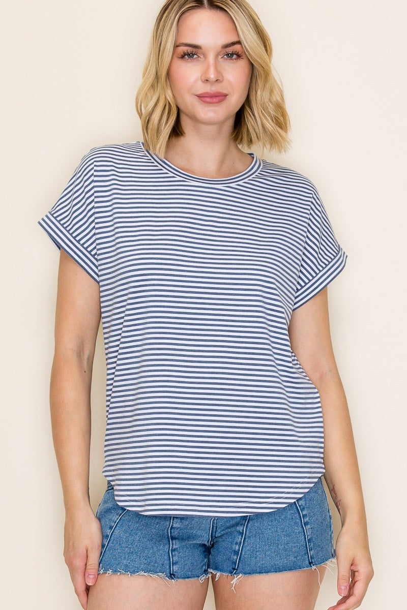 Denim Blue Striped Short Sleeve Top