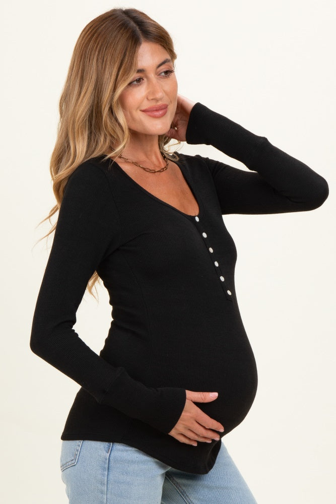 Black Ribbed Henley Maternity Top