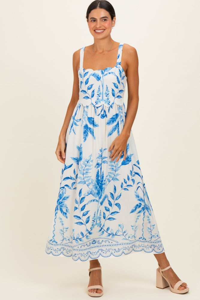 Blue Printed Scallop Detail Sleeveless Midi Dress