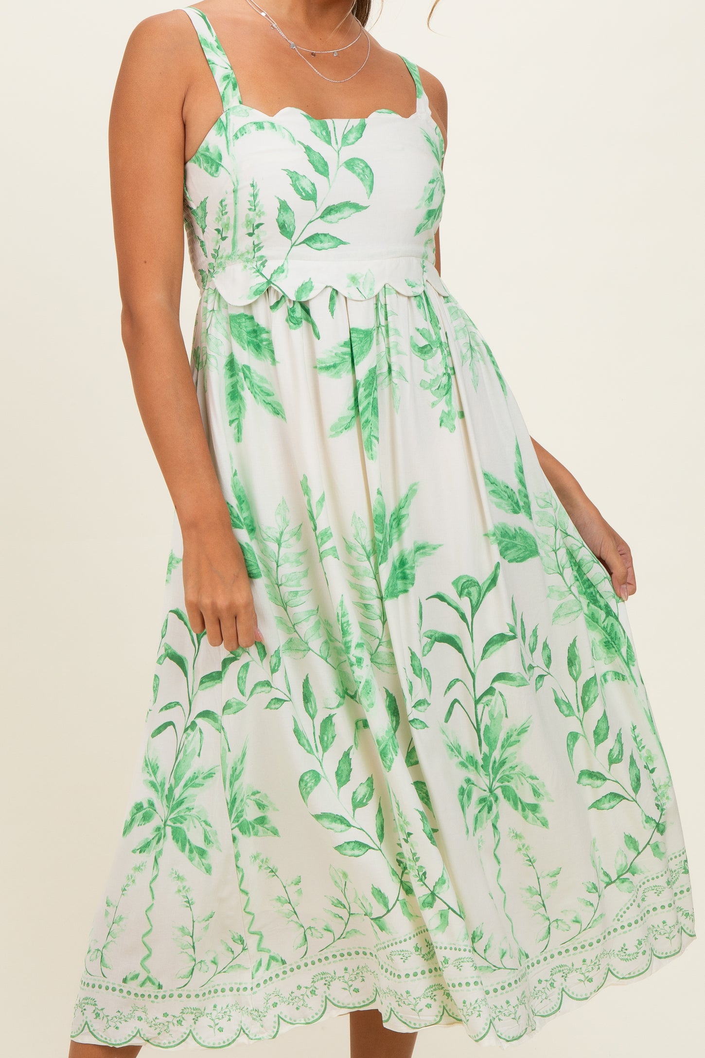 Green Printed Scallop Detail Sleeveless Midi Dress