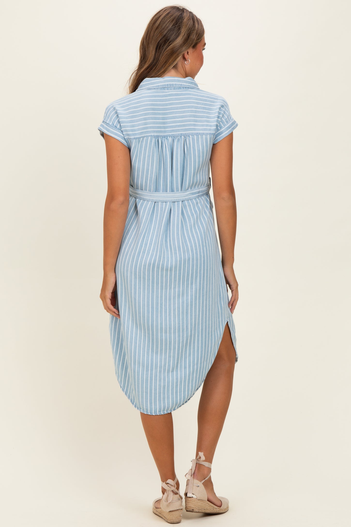 Light Blue Striped Chambray Midi Shirt Dress